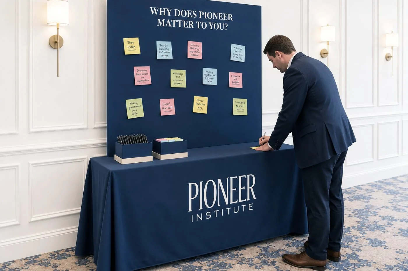 An attendee adding a note to the Why Does Pioneer Matter to You? wall