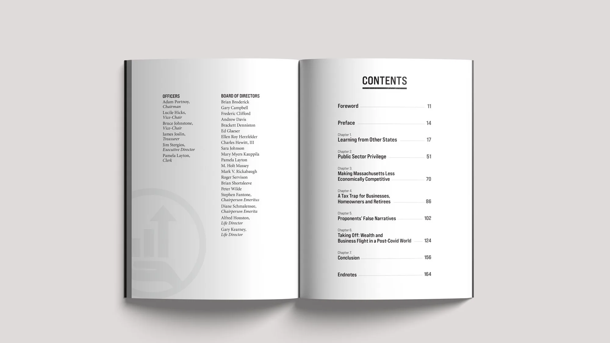 Back to Taxachusetts? interior: board listing and contents page
