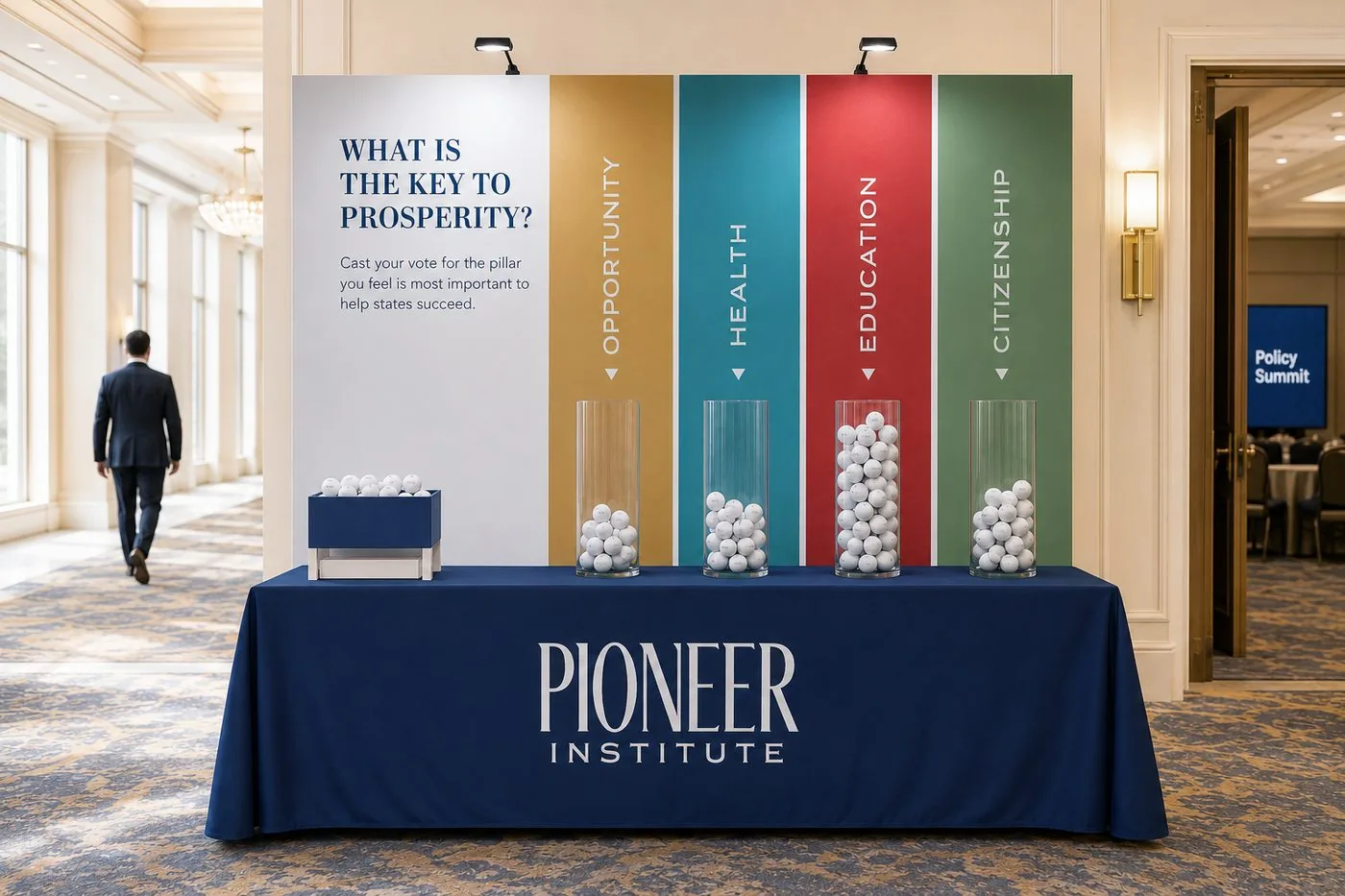 Interactive voting display: attendees cast a ball for the pillar they believe matters most