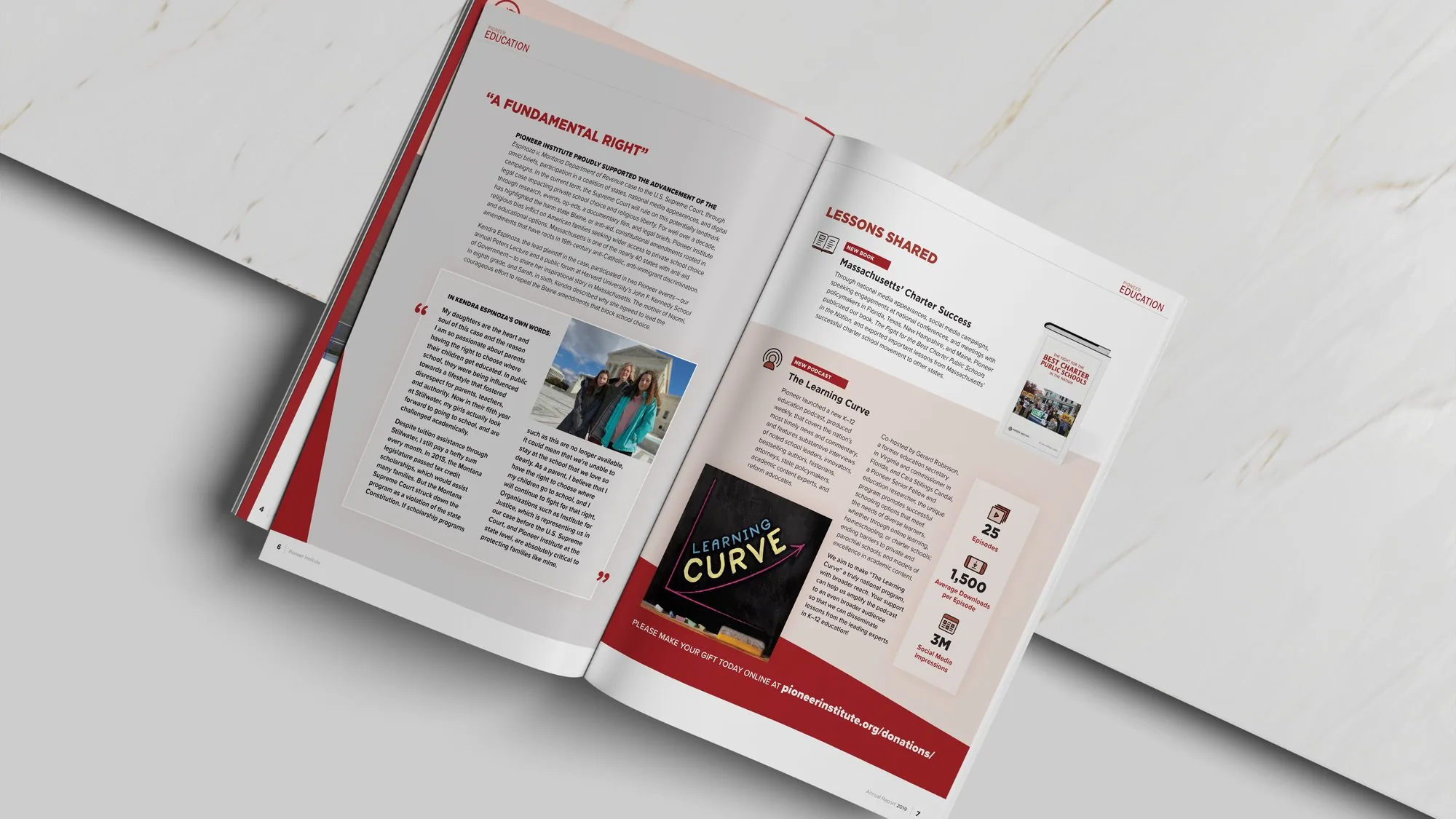 Pioneer Institute 2019 Annual Report spread: Pioneer Education, A Fundamental Right and Lessons Shared