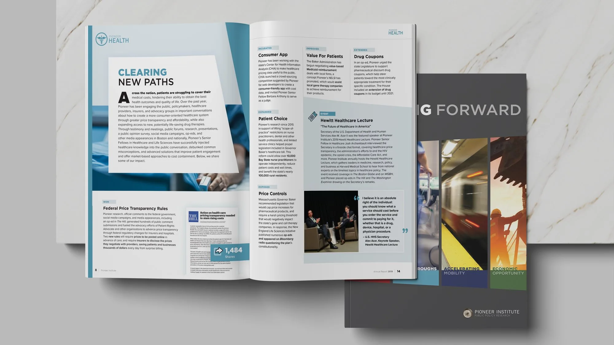 Pioneer Institute 2019 Annual Report spread: Pioneer Health, Clearing New Paths, with the report cover