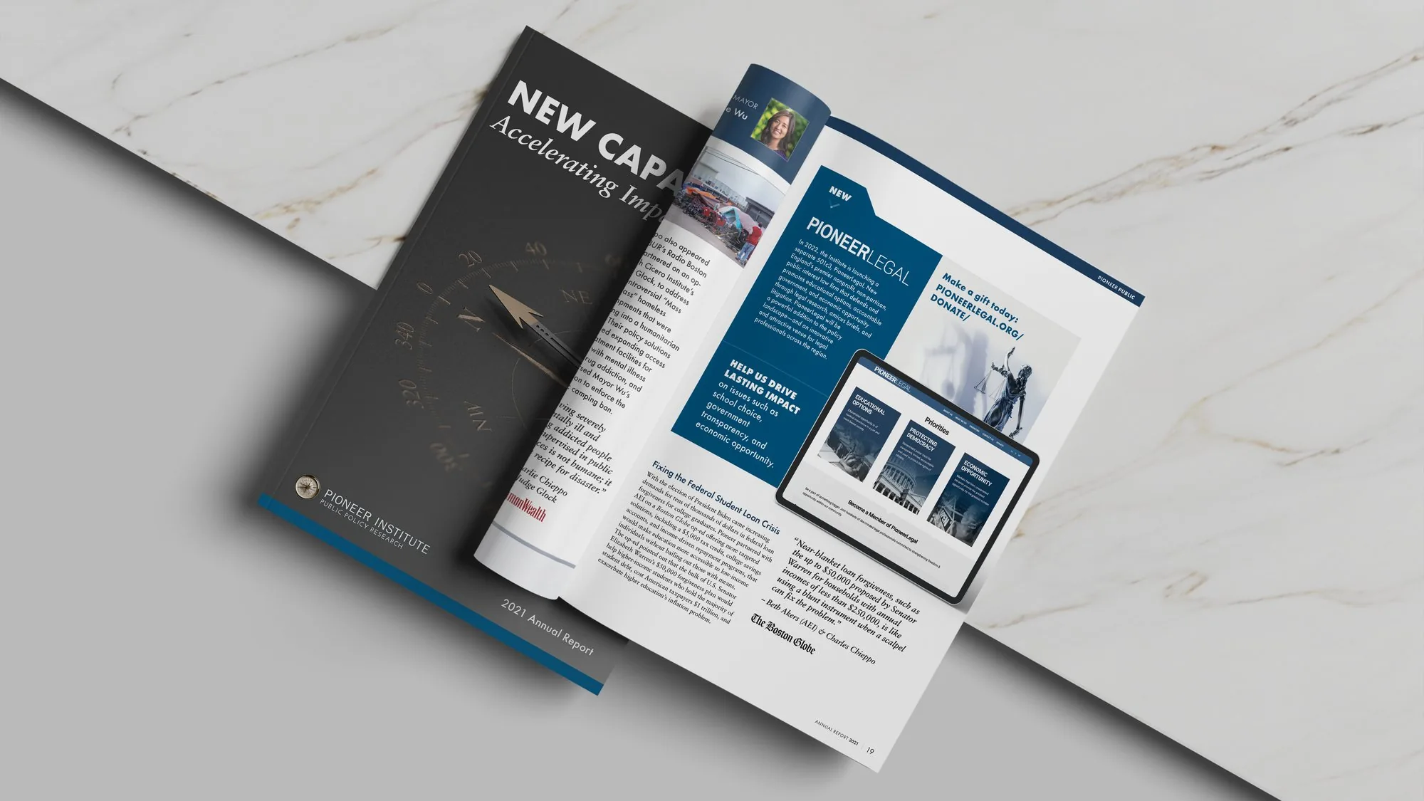 Pioneer Institute 2021 Annual Report cover and PioneerLegal spread