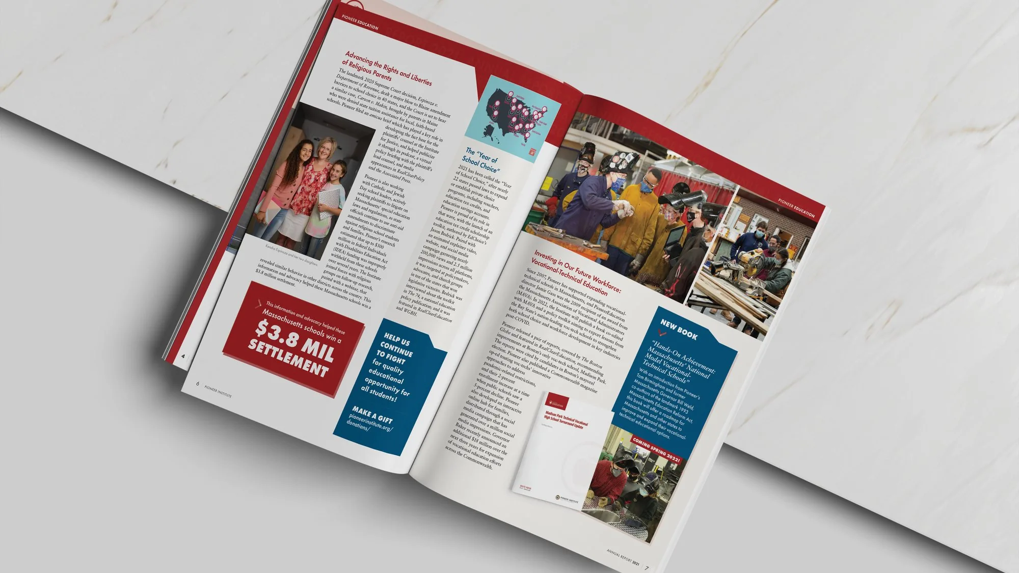 Pioneer Institute 2021 Annual Report spread: Pioneer Education and vocational-technical education