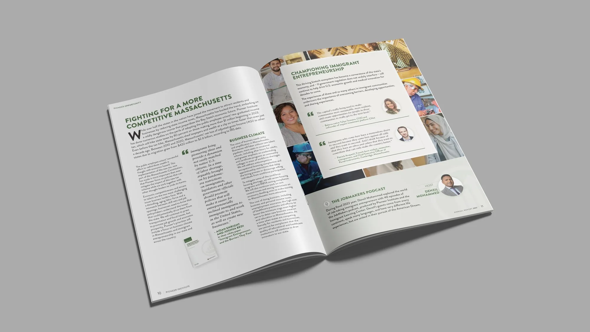 Pioneer Institute 2022 Annual Report spread: Pioneer Opportunity and immigrant entrepreneurship