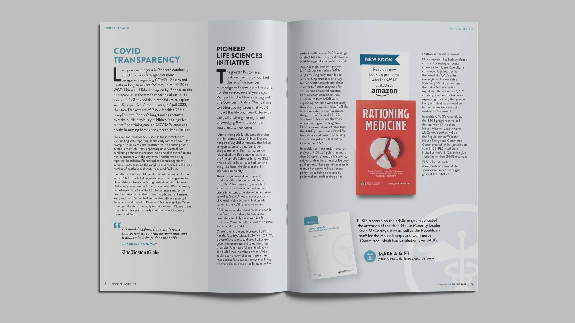 Pioneer Institute 2022 Annual Report spread: Pioneer Health, COVID Transparency and the Pioneer Life Sciences Initiative