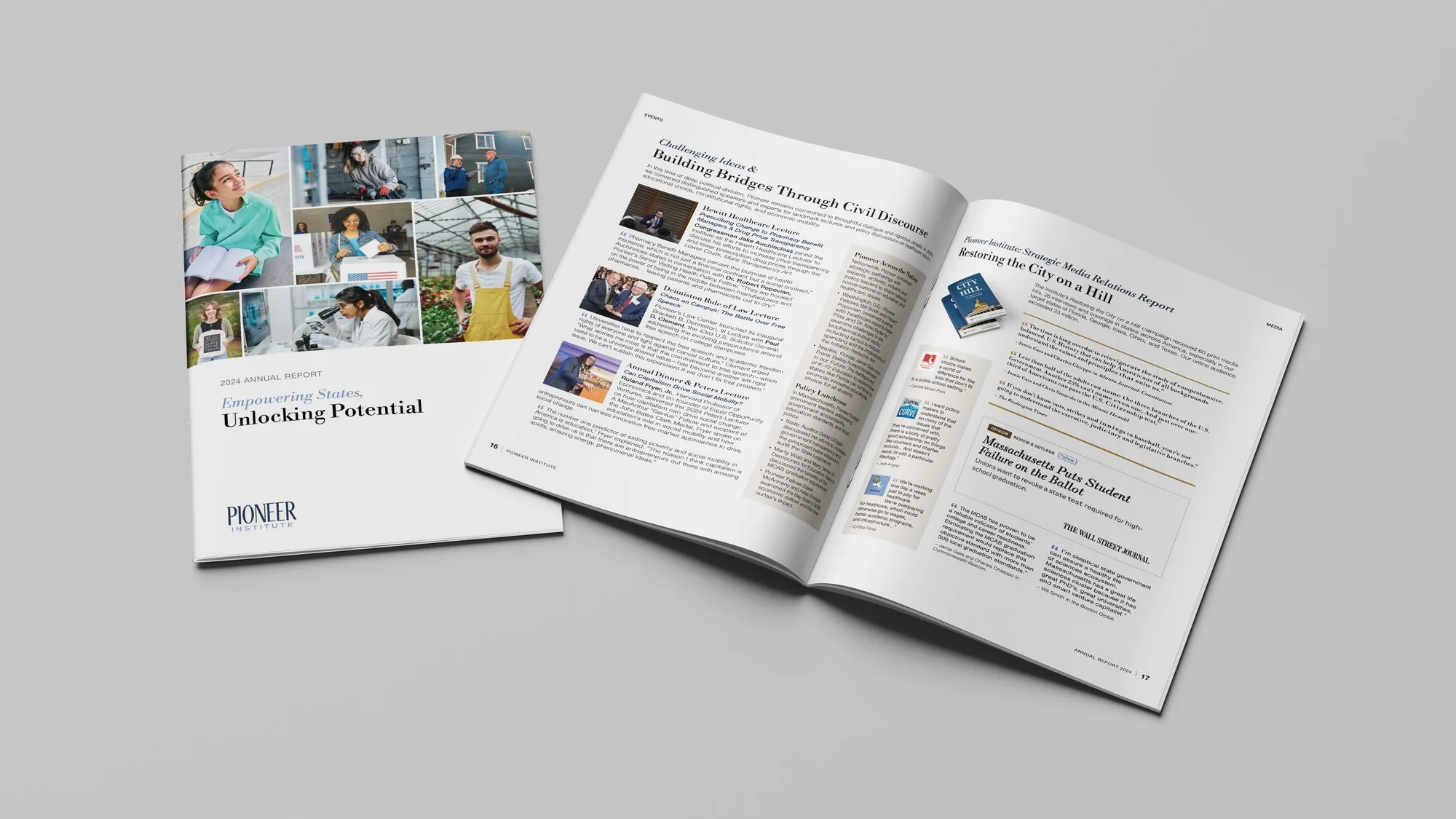 Pioneer Institute 2024 Annual Report cover with the events and media relations spread