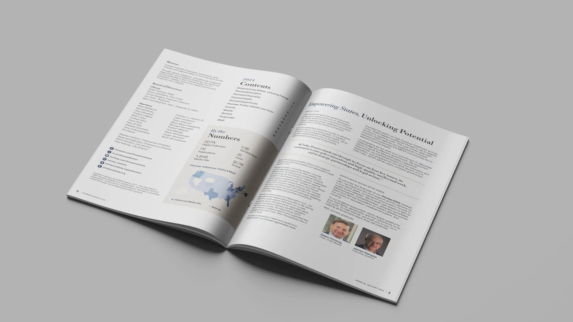 Pioneer Institute 2024 Annual Report opening spread: contents, By the Numbers, and letter from leadership