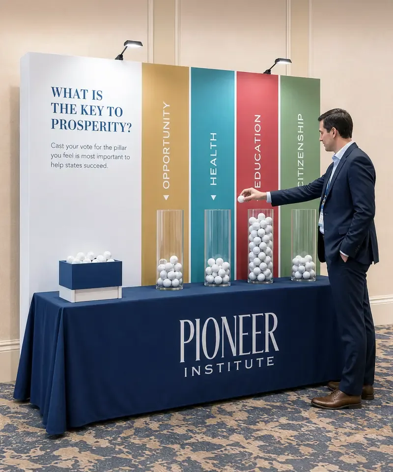 Pioneer Institute conference display with interactive voting columns