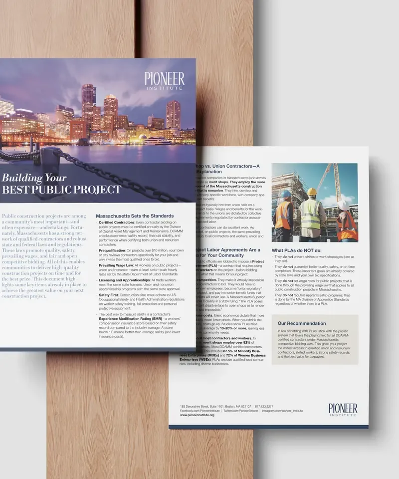 Pioneer Institute public-project flyer, cover and interior spread