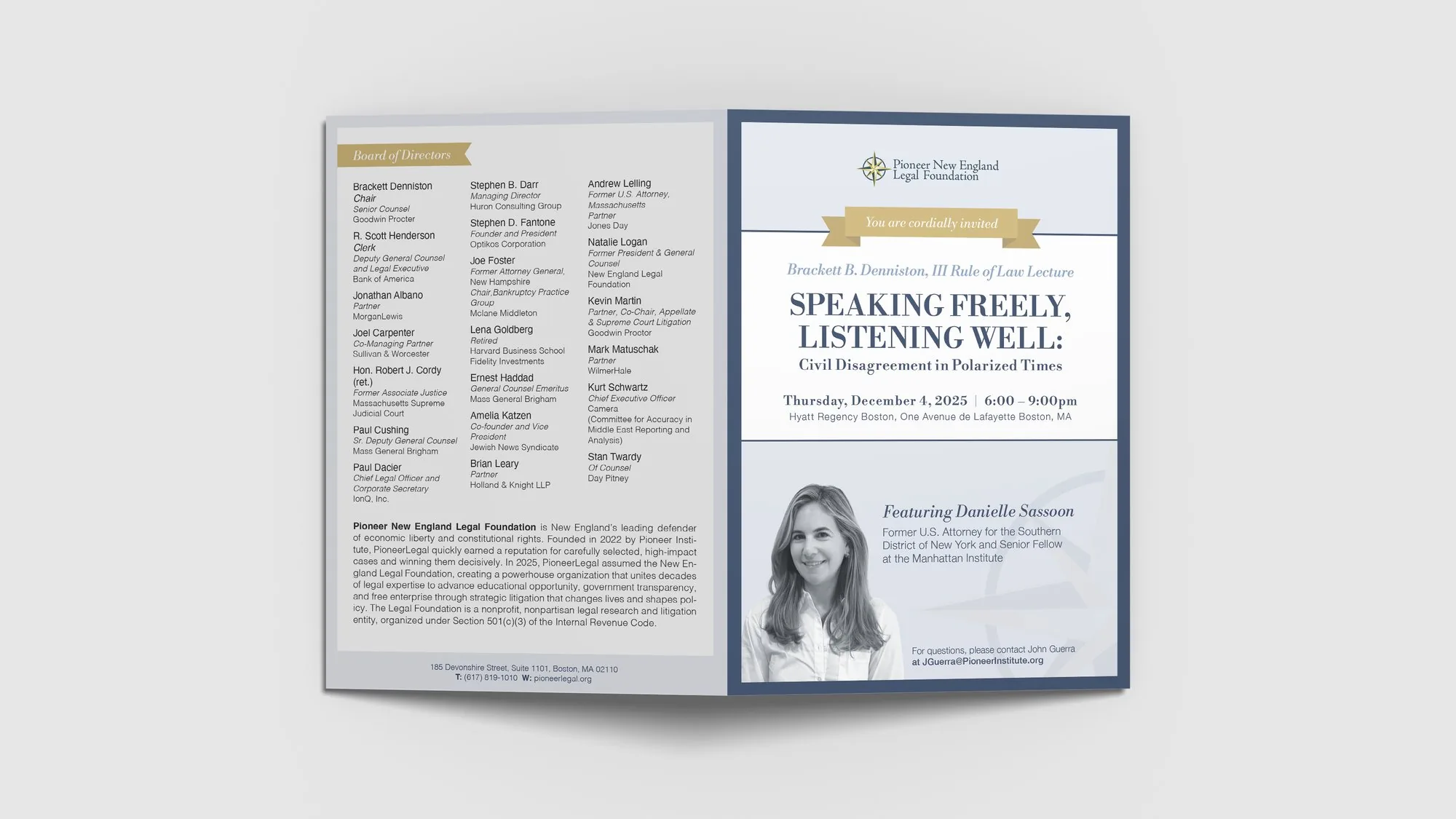 Printed invitation for the Brackett B. Denniston III Rule of Law Lecture, cover and board listing