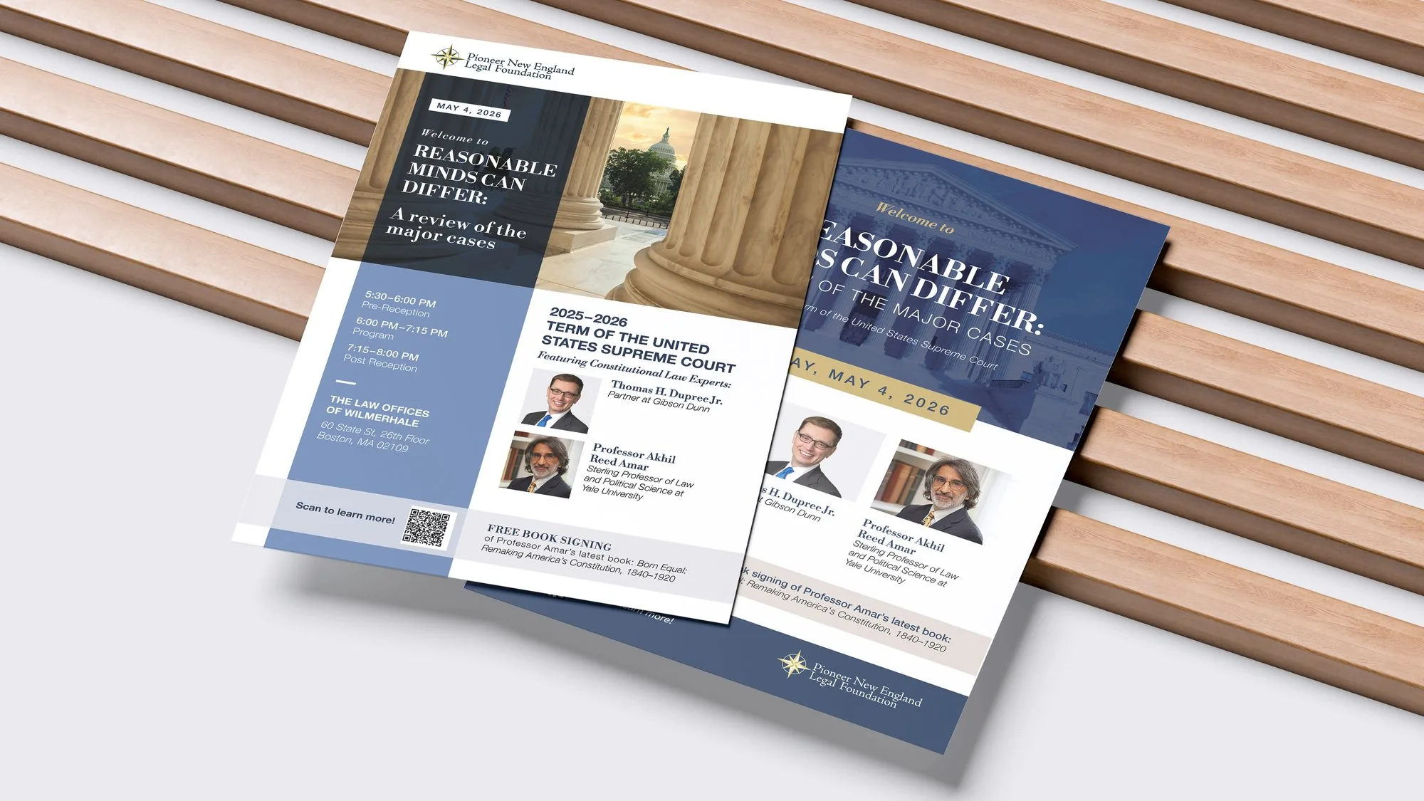 Reasonable Minds Can Differ event flyers for the Pioneer New England Legal Foundation