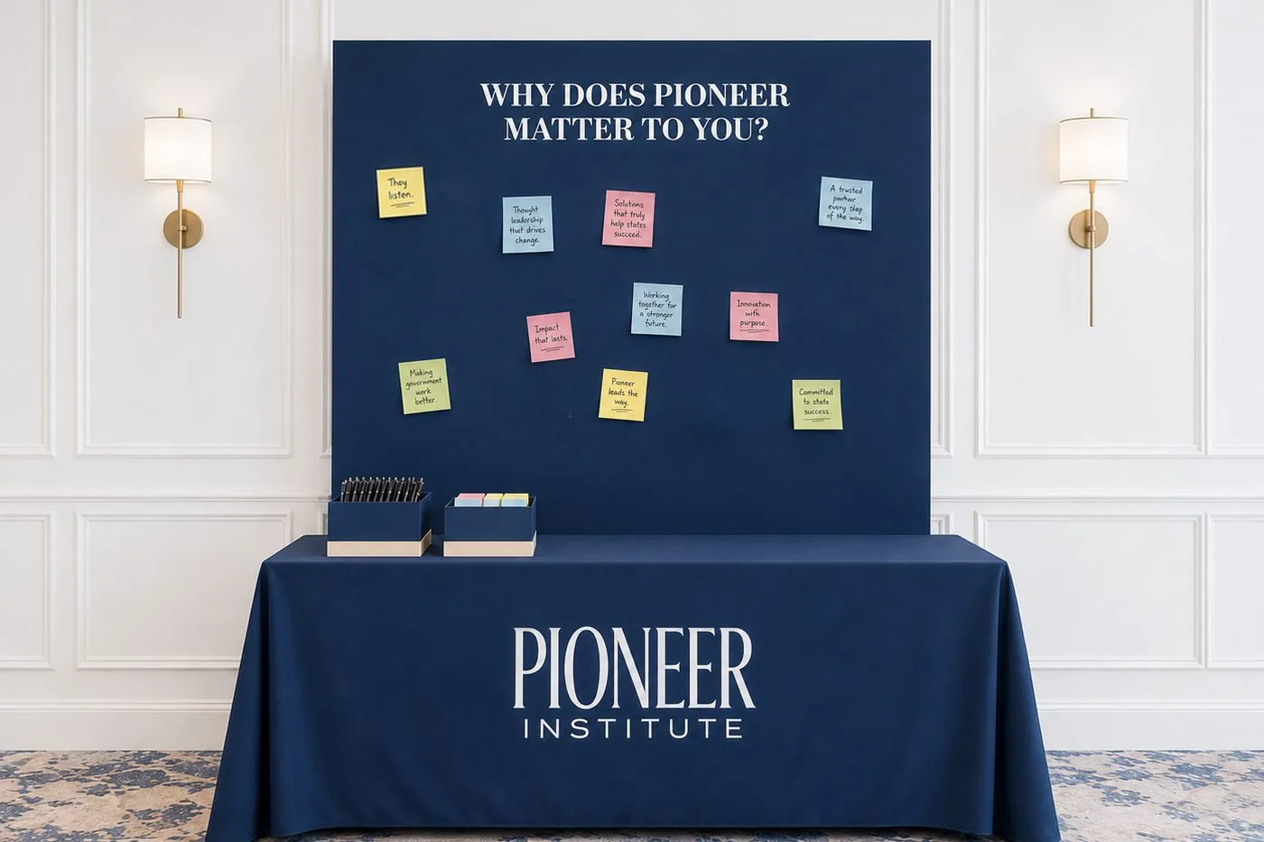 Sticky-note wall where guests share why Pioneer matters to them