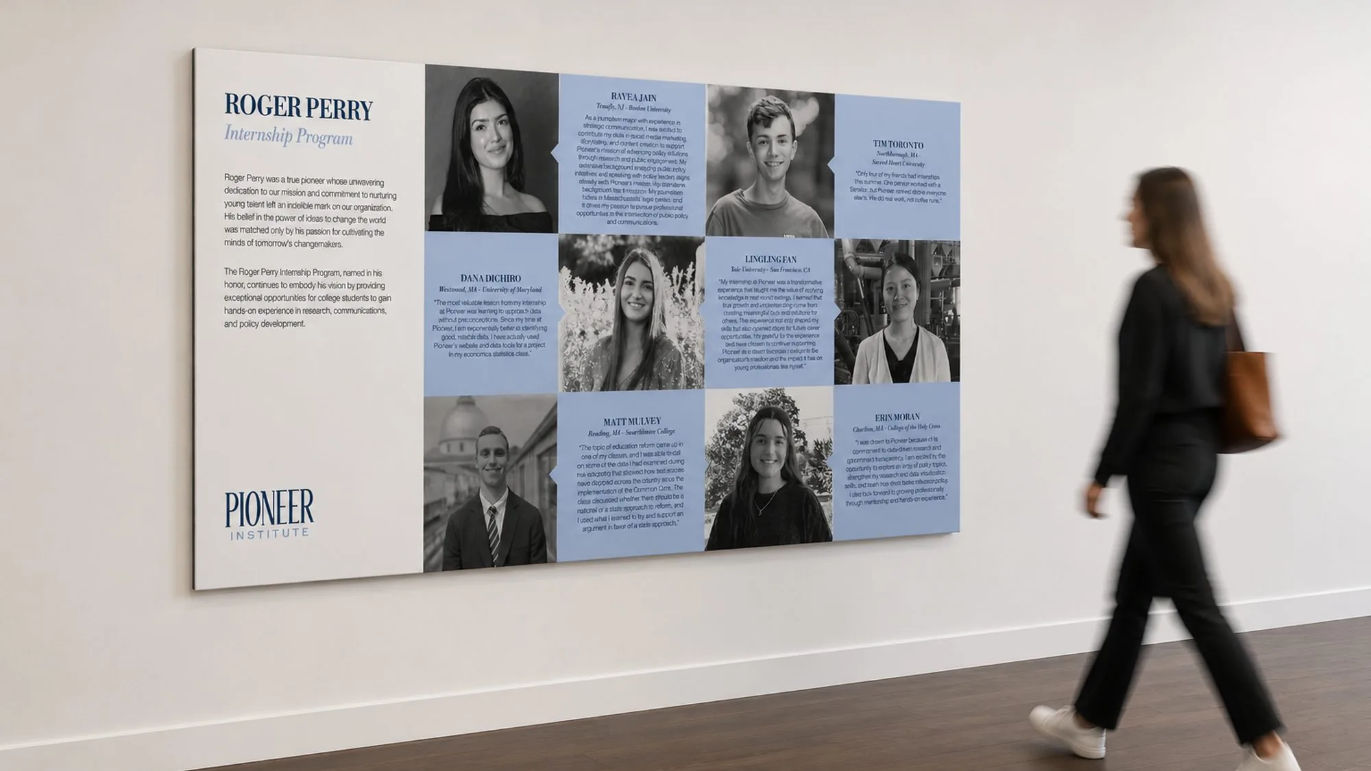 Tribute wall for the Roger Perry Internship Program and its alumni